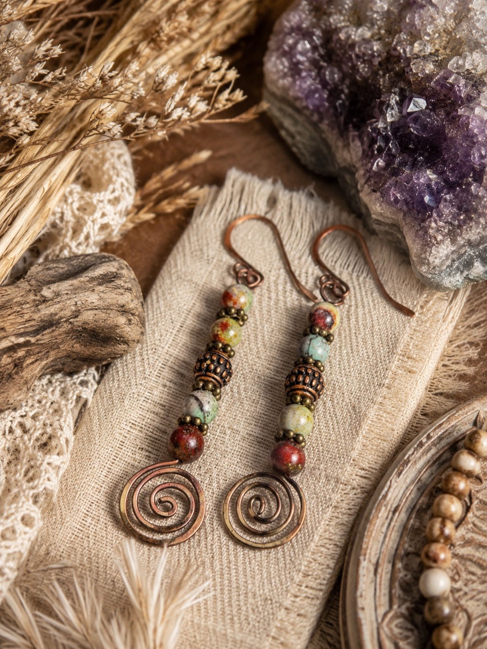 Handmade Copper Spiral Earrings with Green and Brown Turquoise Beads